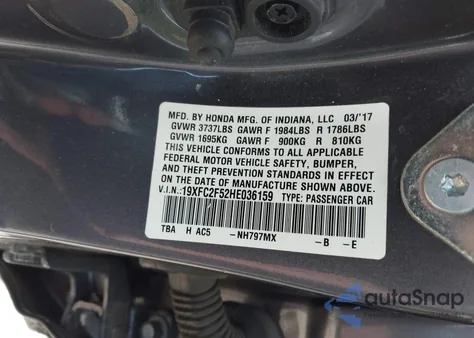2017 Honda Civic Lx z USA, uszkodzony, nr VIN 19XFC2F52HE036159
